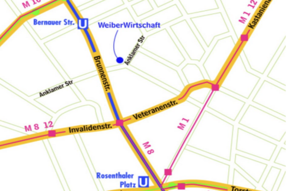 Ein Ausschnitt des Stadtplans mit Markierung der Weiberwirtschaft und der nächsten U-Bahnstationen Bernauer Strasse und Rosenthaler Platz