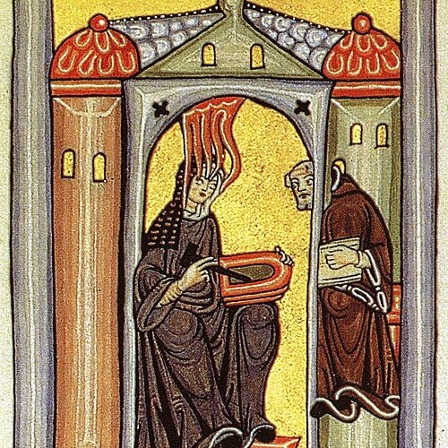 Hildegard von Bingen empfängt eine göttliche Inspiration und gibt sie an ihren Schreiber weiter. Miniatur aus dem Rupertsberger Codex des Liber Scivias, spätes 12. Jh.